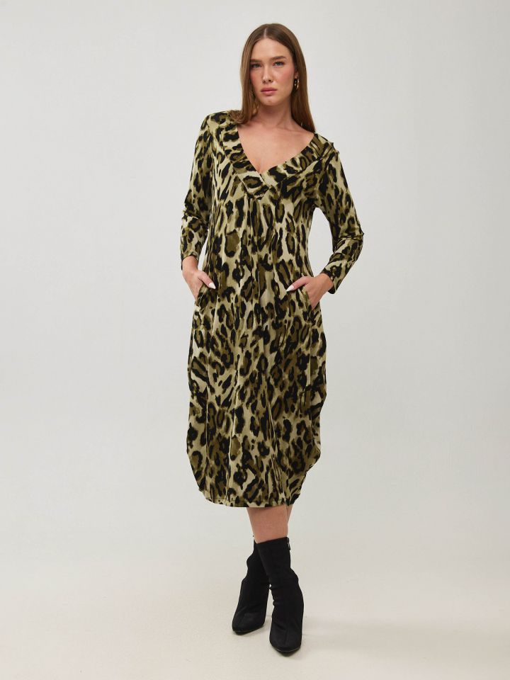 שמלה ארוכה מודפסת כיס שפה