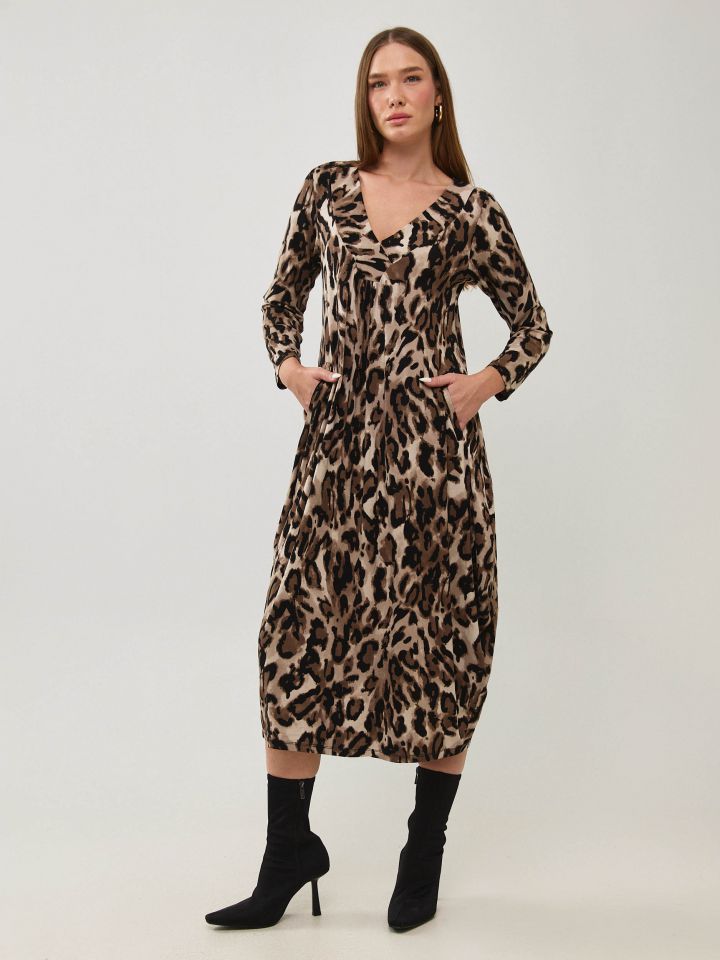 שמלה ארוכה מודפסת כיס שפה